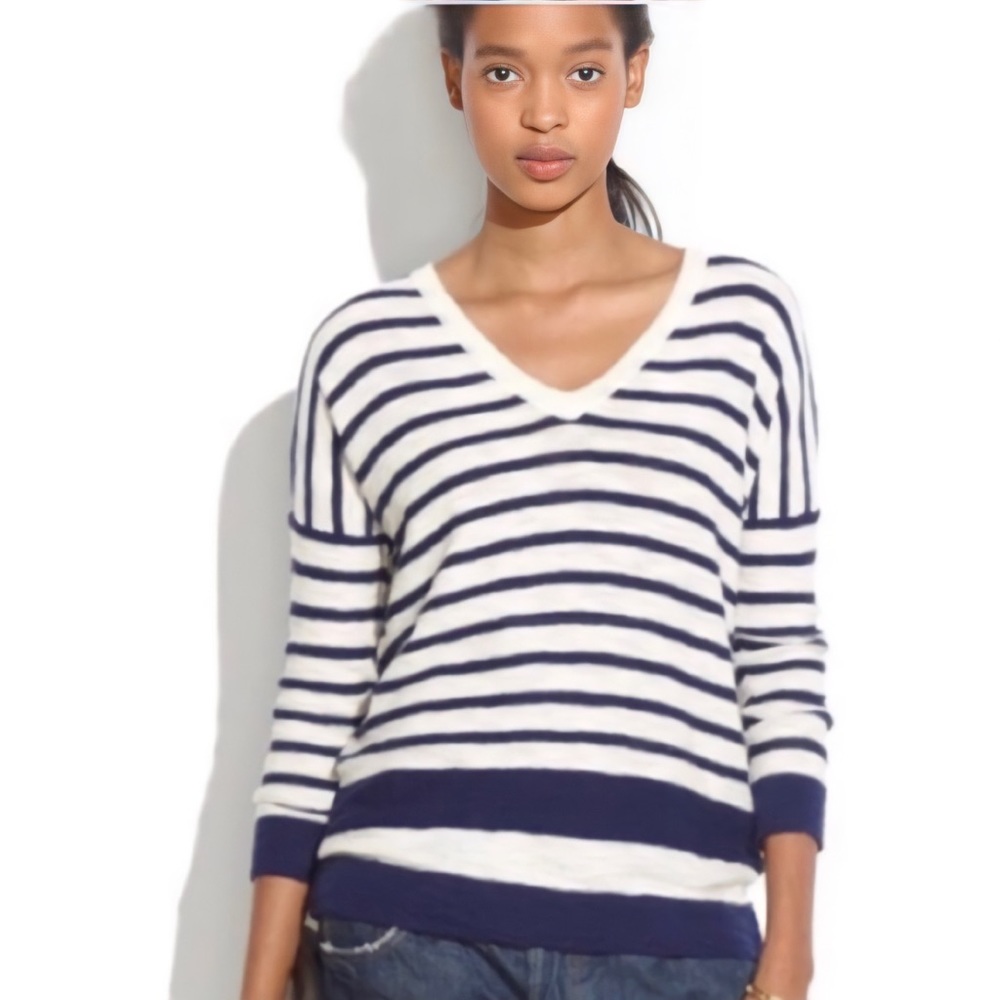 Madewell Sweater Slub V-Neck Striped Pullover Navy White Excellent Condition